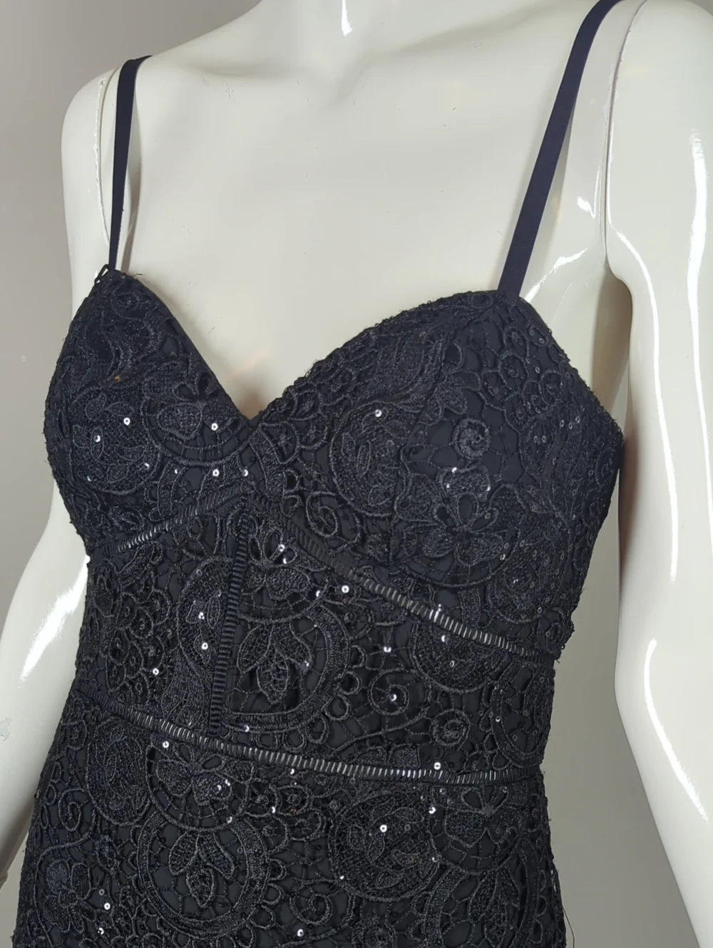 bebe Black Lace Sequin Spaghetti Strap Bodycon Dress Small - Picture 2 of 10